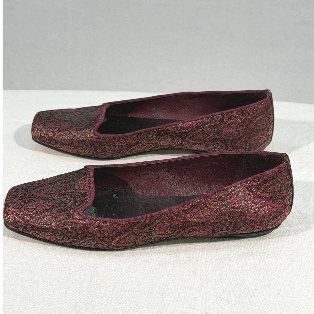 French‎ Sole FS/NY Square Toe Ballet Flats Burgundy Wine Gold Tapestry Jacquard